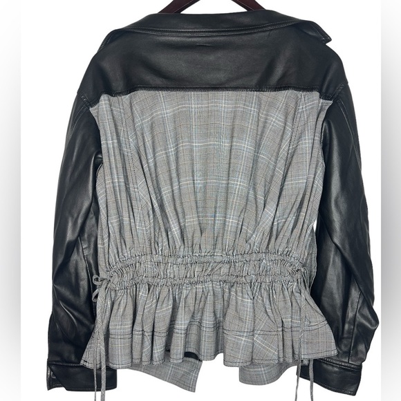 ADEAM Oversized Ruched Jacket Gray Plaid with faux Leather Sleeves - Picture 3 of 9